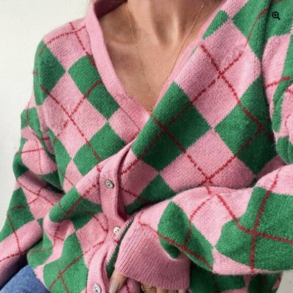 Womens Size M Top Knit Green & Pink Argyle Pattern Cardigan - Picture 2 of 11